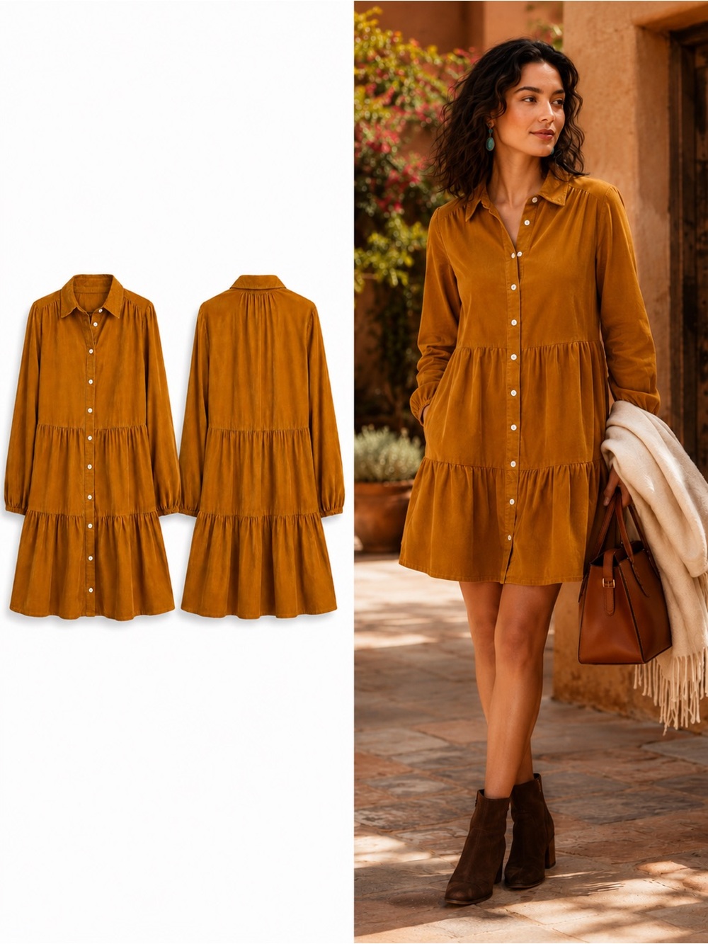 J.Crew Golden Brandy Corduroy Tiered Mini Shirtdress Size 10 NWOT - Picture 1 of 12